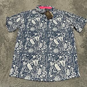 Swannies Polo Shirt Mens Medium Blue Golf Trey Performance All Over Print Floral
